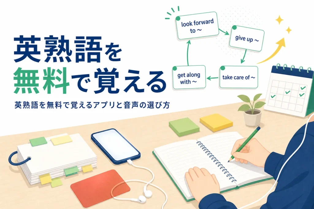 英熟語を無料で覚えるためのアプリ・音声・サイトの選び方を解説する記事のアイキャッチ