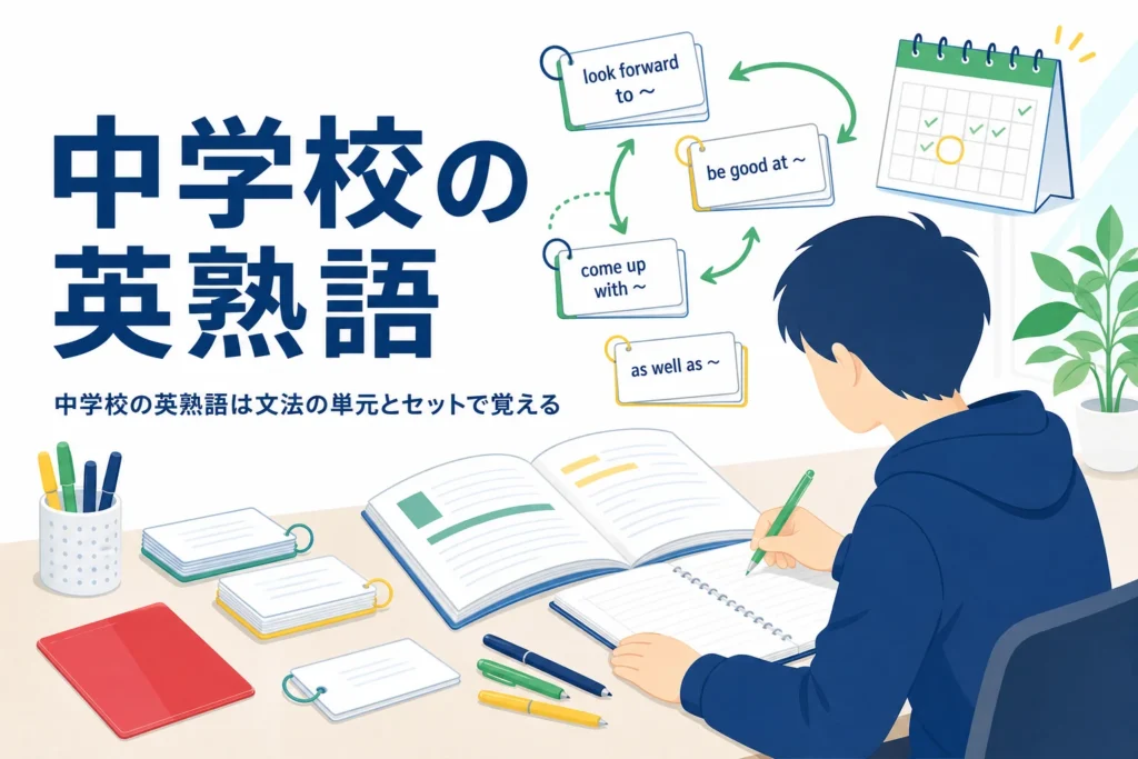 中学校で習う英熟語を、中1・中2・中3の文法の単元と結びつけて覚える方法を解説する記事のアイキャッチ