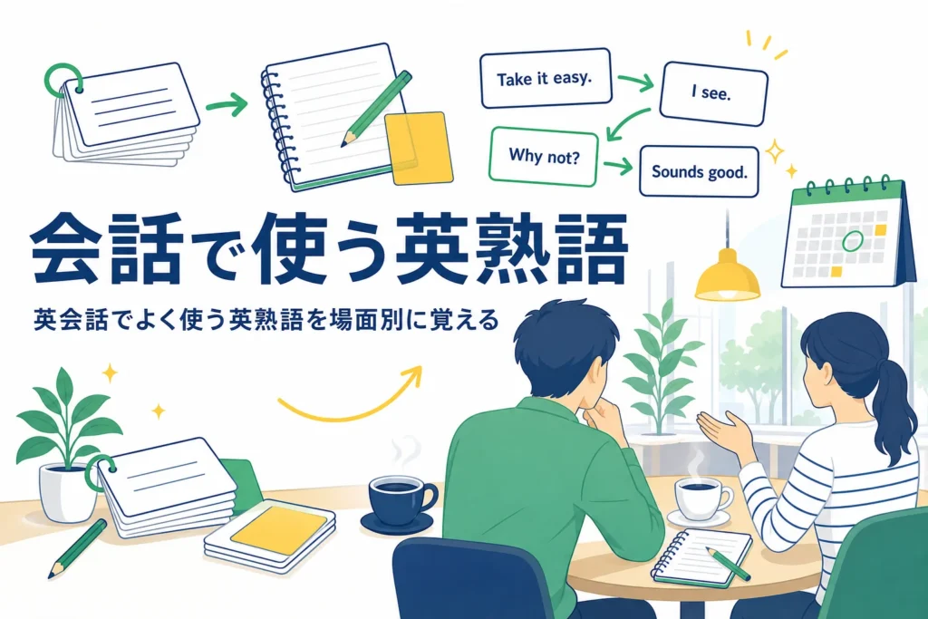 英会話でよく使う英熟語を場面別に紹介する記事のアイキャッチ