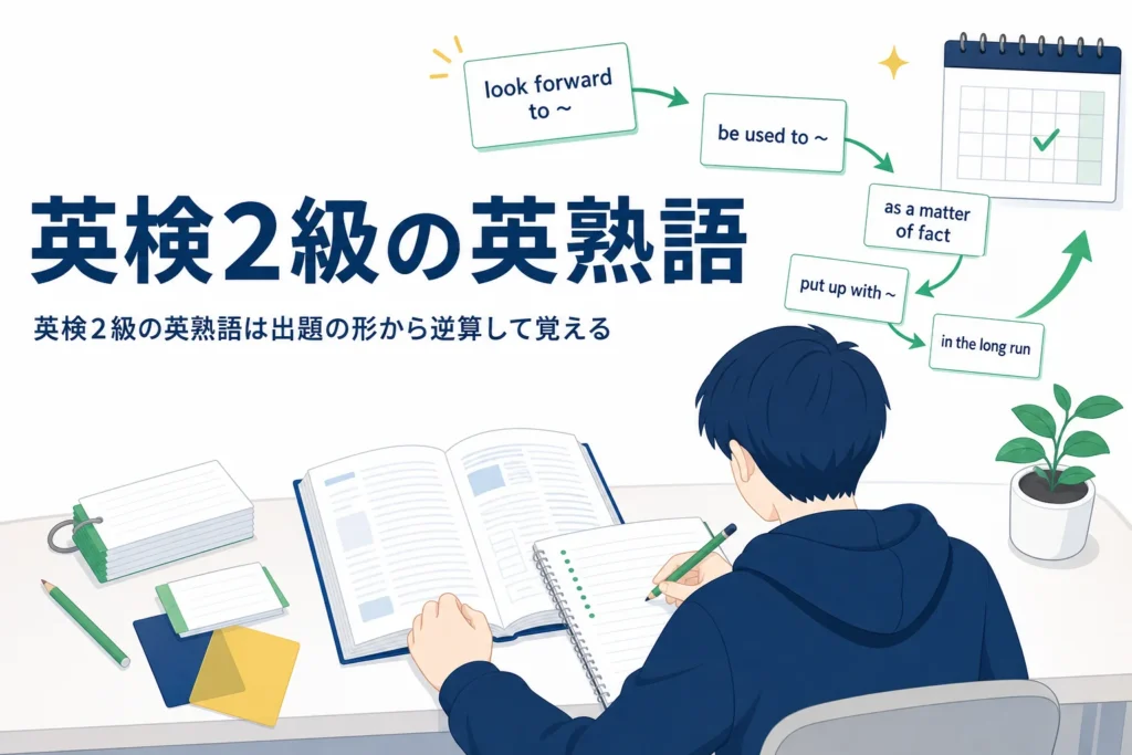英検2級の英熟語の出題のされ方と覚え方を解説する記事のアイキャッチ