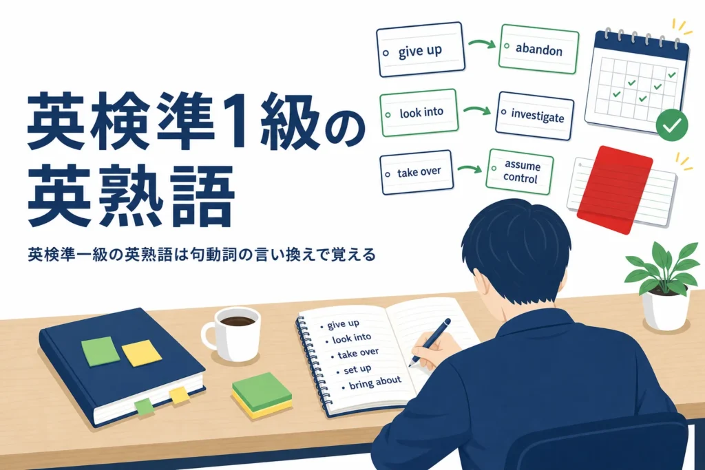英検準一級の英熟語の語彙問題での出方と、句動詞を言い換えて覚える方法を解説する記事のアイキャッチ