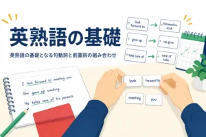 英熟語の基礎として、句動詞と前置詞の組み合わせパターンを解説する記事のアイキャッチ
