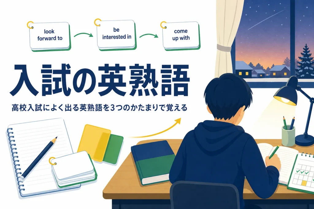 高校入試によく出る英熟語を、動詞の熟語・前置詞のかたまり・会話表現の3つに分けて覚える方法を解説する記事のアイキャッチ