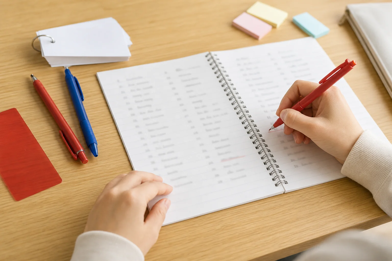 形が似ている英熟語をペアで左右に並べ、違う部分だけ色を変えて書いたノートの手元の写真