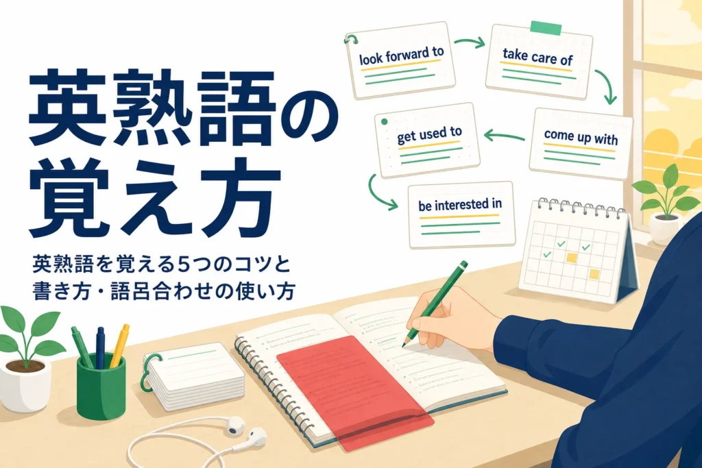 英熟語を覚える5つのコツと、書いて覚える方法・語呂合わせの使いどころを解説する記事のアイキャッチ