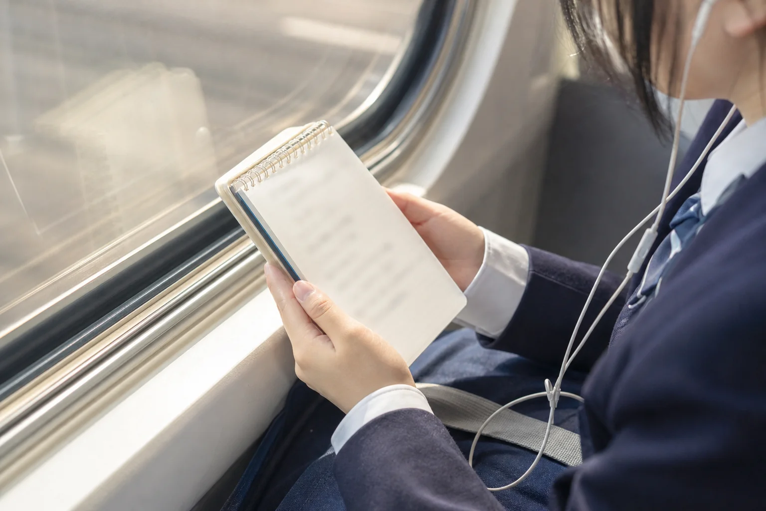 通学中に音声を聞きながら英熟語の意味を先に言う練習をする場面の写真