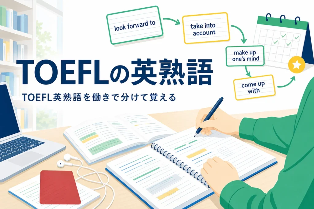 TOEFLのアカデミックな英熟語と700語レベルの熟語集の進め方を解説する記事のアイキャッチ